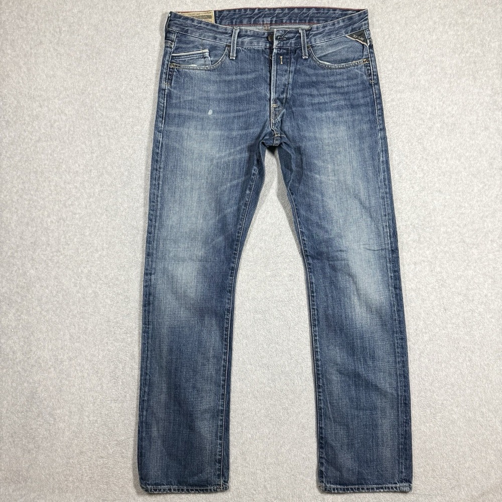 Replay Jeans Mens 34x34 Waitom STRAIGHT Leg M983 Button Fly Faded Whiskered - Picture 2 of 16